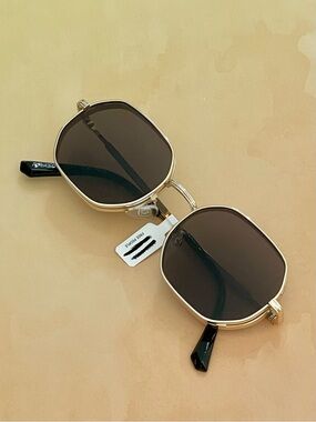 Free People Gold Doble Frame Black Lens Square-Rounded Sunglasses
